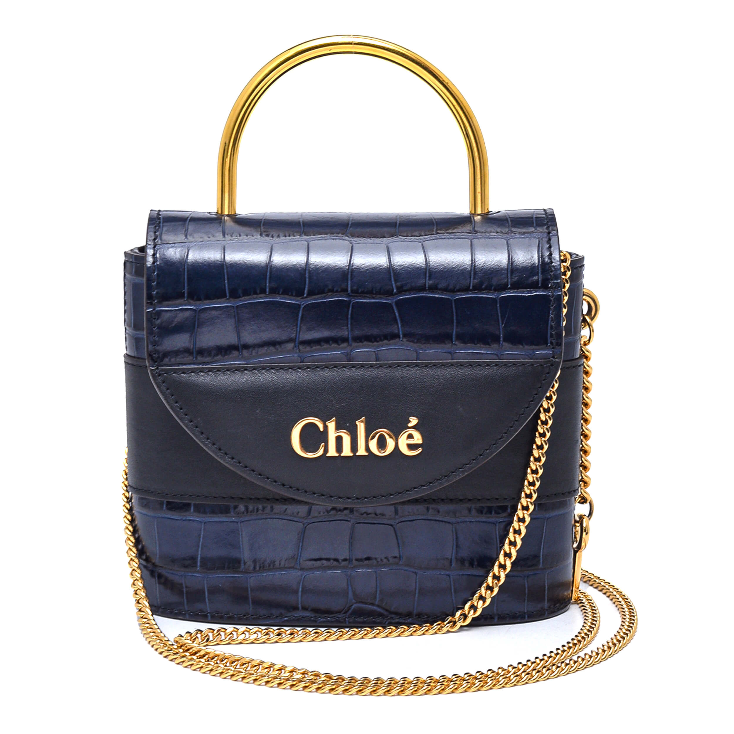 Chloe - Navy Blue&Black Croco Print Leather Aby Lock Small Bag